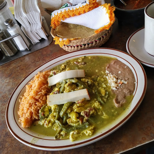 San Luis Potosi EGS with Green Hot Souce Chorizo Fresh Cheese Hand Made Tortilas Beens Rice