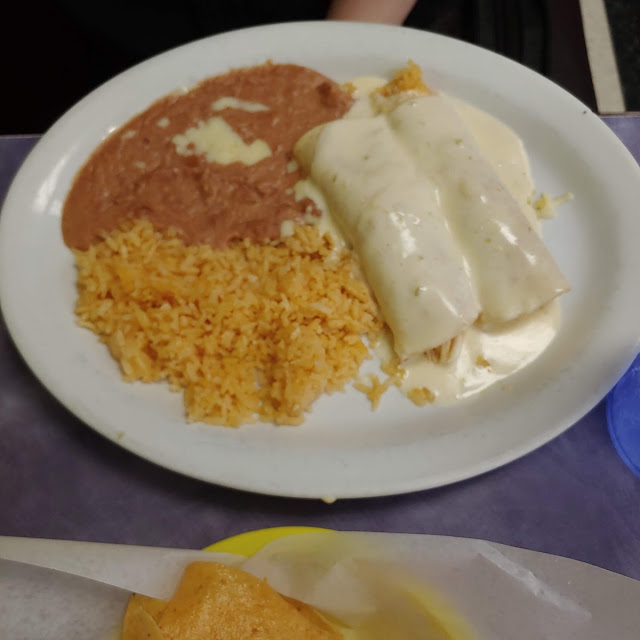 Chicken Enchiladas and Rice and Beans