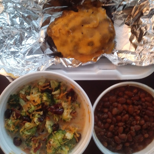 Hamburger Steak with Cheddar Cheese Broccoli Salad and Baked Beans
