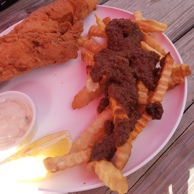 Fried Fish with French Fries and Meat Hot Sauce