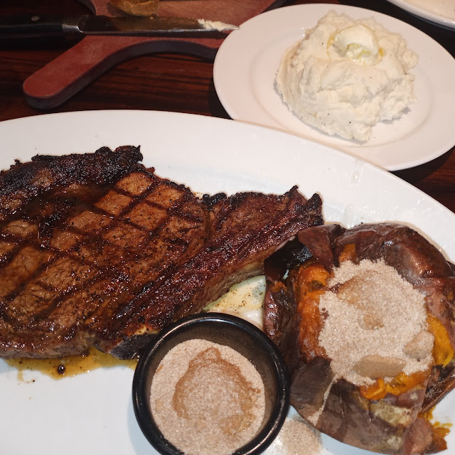 Outlaw Ribeye Steak Mashed Potatoes & Sweet Potato with Butter & Cinnamon