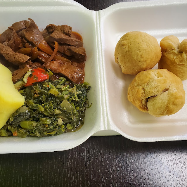 Liver Callaloo Yam and Fried Dumplings