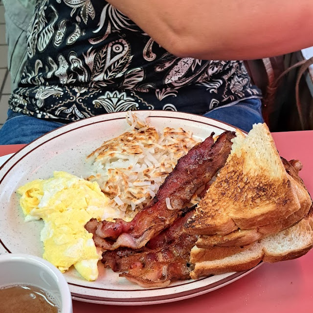 Scrambled Eggs with Bacon Hashbrowns and Sourdough Toast