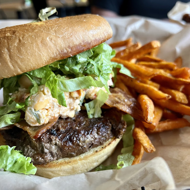 Pimento Cheese Bacon Burger Side of Sweet Potato Fries