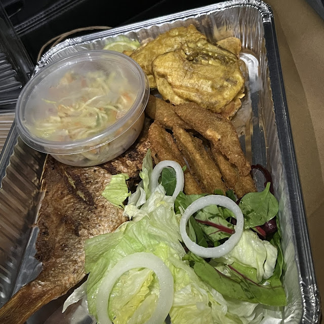 Fried Snapper with Malanga Fritters Fried Plantain and Pikliz