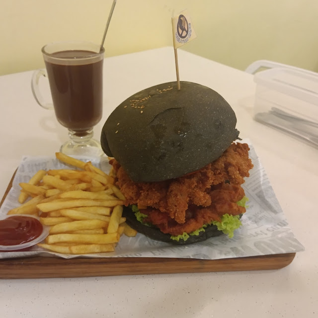 Fried Chicken and Pork Charcoal Burger