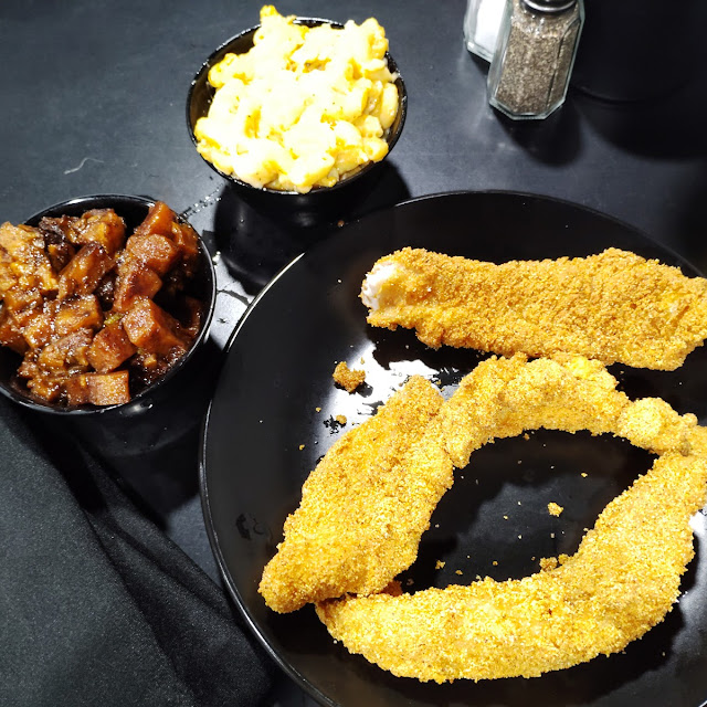 Fried Fish Sweet Potatoes & Baked Mac and Cheese