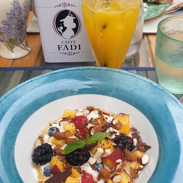 Yoghurt with Fresh Fruits Nuts Agave Syrup and Dark Chocolate Chunks