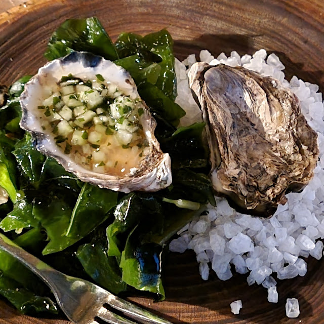 Oysters 1 Ginger Cucumber Wakame 2nd Woodfired with Katsuobushi Butter