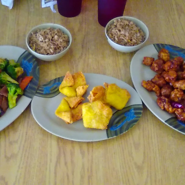 General TSO's Chicken & Fry Rice the Other Beef and Broccoli and Refried Rice with Crab Rangoon
