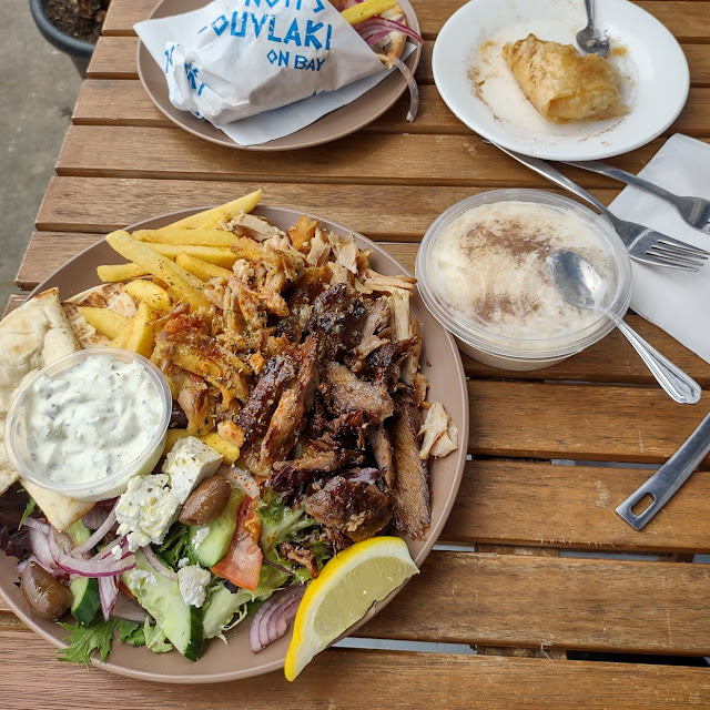 Souvlaki Rice Pudding Galaktoboureko Open Gyro Plate