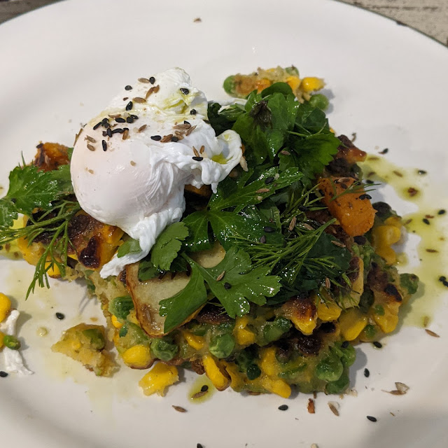Poached Eggs with Roast Tomato Spinach and Potato Rosti