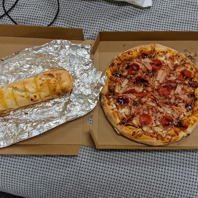 Garlic Bread and Meat Lovers Pizza
