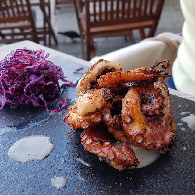 Seared Octopus with Red Chicory Sauce Backed Celeriac and Crunchy Speck