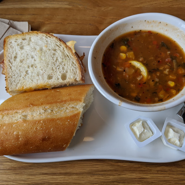 Ten Vegetable Soup with Tomato Bacon Grilled Cheese