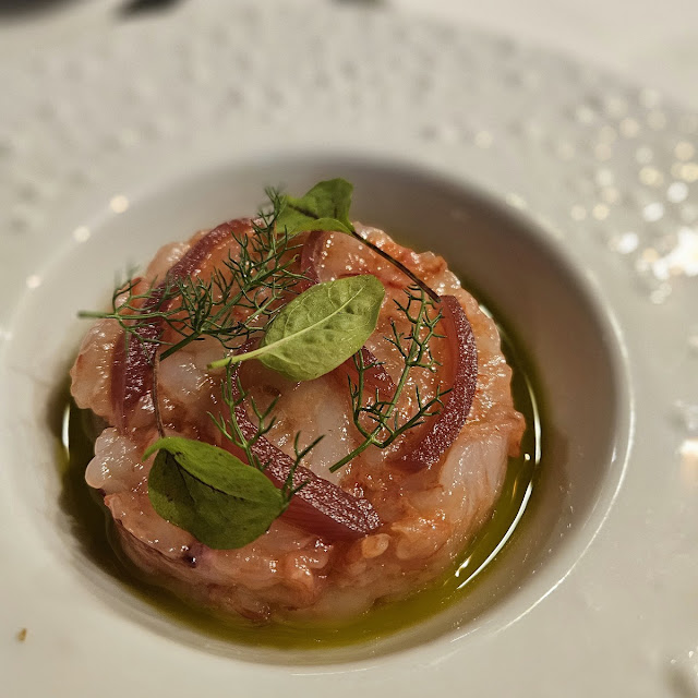 Tartare of Red Prawns with Caramelised Red Onion and Basil Oil