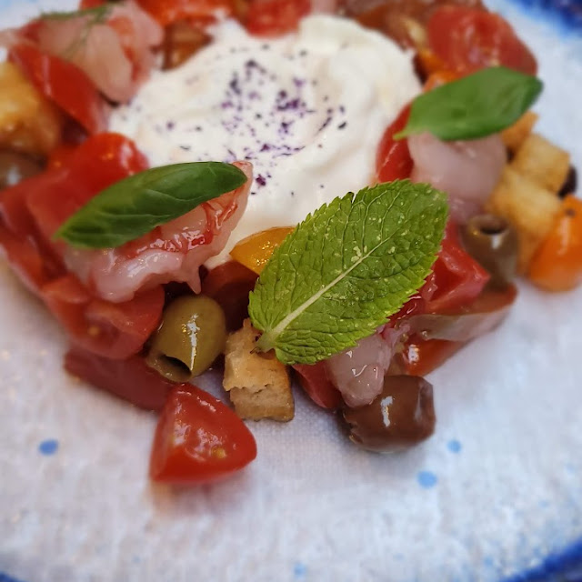 Roman Panzanella Red Prawn Buffalo Stracciatella And Raspberry Vinegar