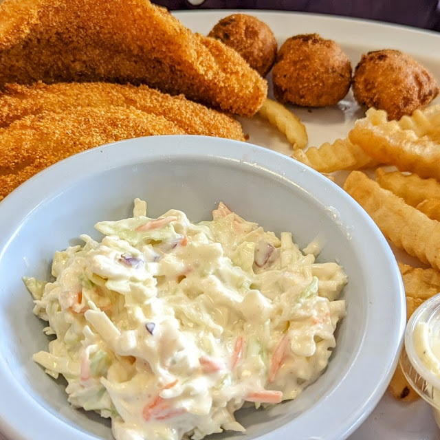 Catfish Fries Slaw and Hush Puppies