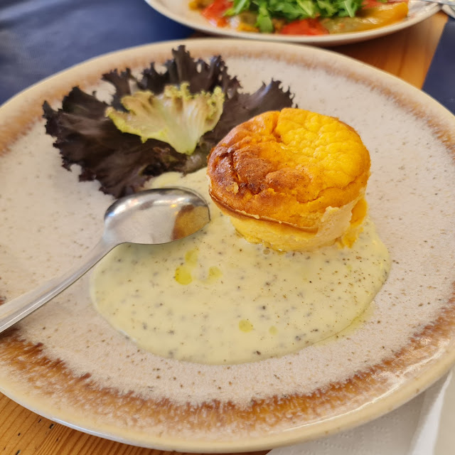 Pumpkin Souffle with Truffle Cheese Fondue