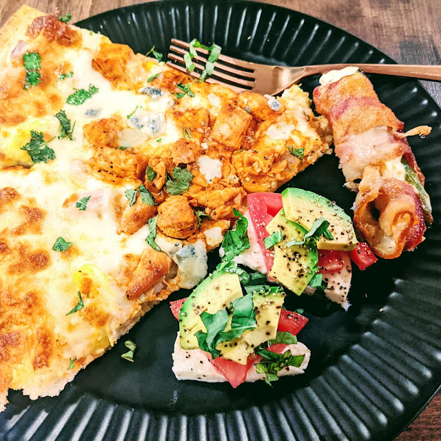 Corey Pizza Carne Asada Poppers and Caprese Salad
