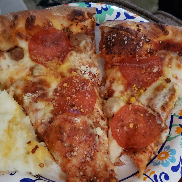 Sausage and Pepperoni Pizza with Cheese Garlic Bread