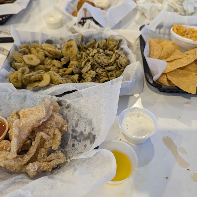 Fried Jalapenos Fried Pickles Buffalo Chicken Dip and Fresh Pork Rinds