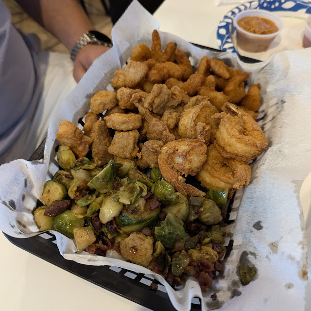 Fried Shrimp Fried Gator Bites Fried Popcorn Shrimp and Grilled Brussel Sprouts