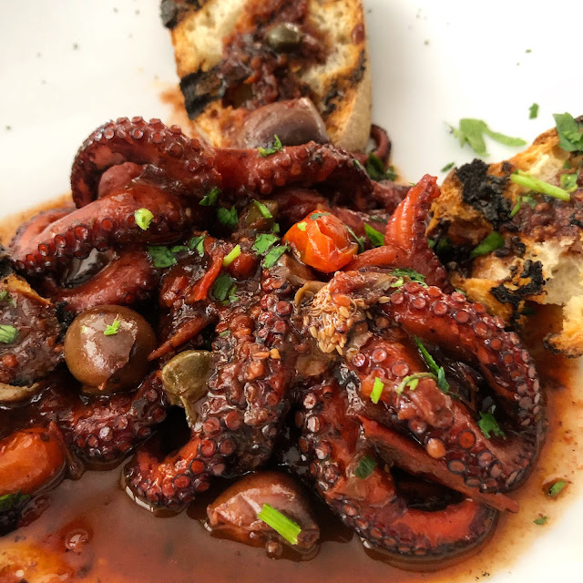 Octopus with Tomatoes Black Olives and Capers