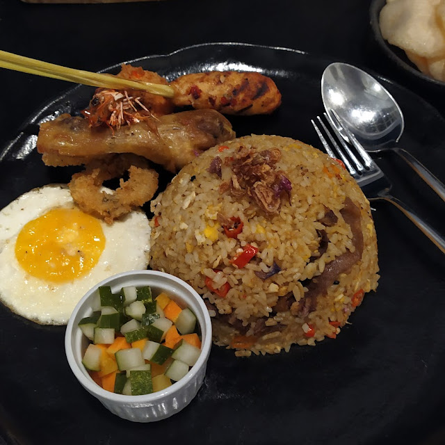 Beef Tongue Fried Rice with Chicken Leg Prawn and Satay