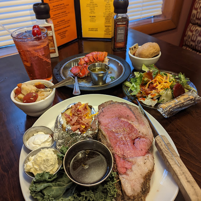 Land and Sea Soup Salad Prime Rib Lobster Drink