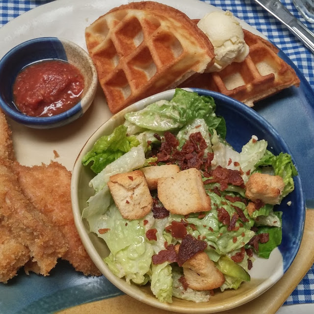 Waffles with Chicken Strips and Salad