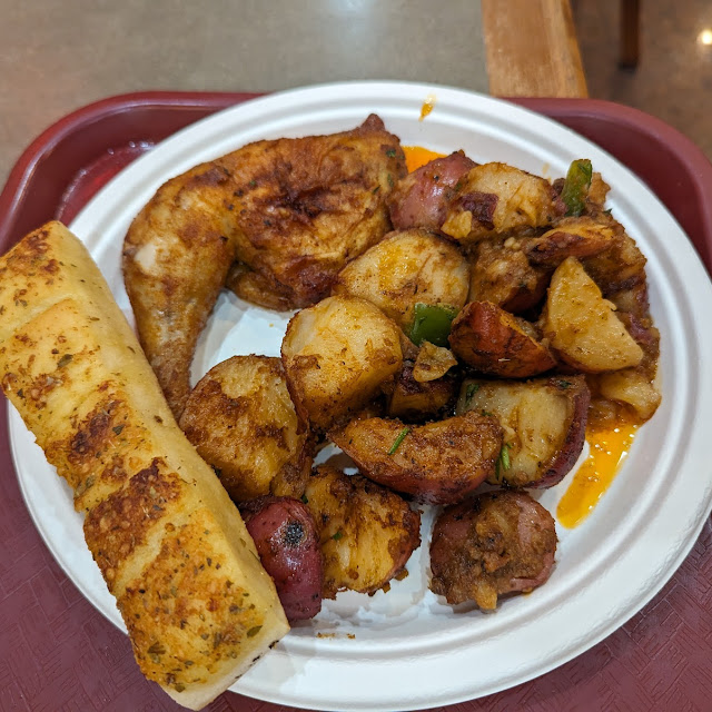 Roasted Chicken and Potatoes and Garlic Bread