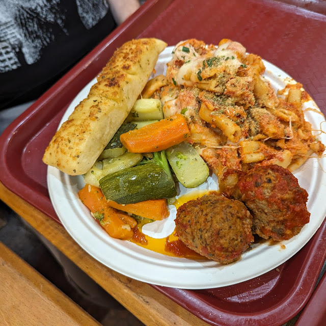 Eatball and Baked Ziti with Steamed Vegetables and Garlic Bread