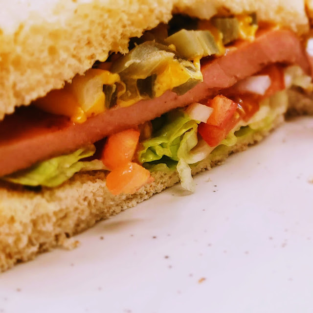 Fried Bologna Sammich w Lettuce Mater and Relish