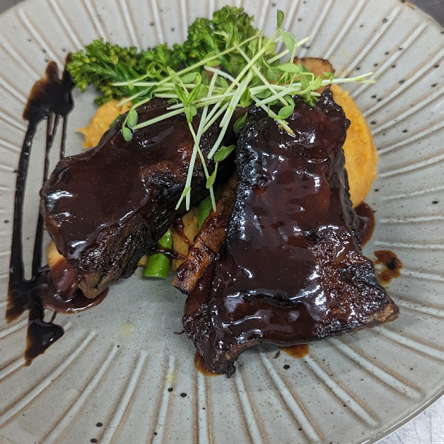 Sticky Beef Ribs Sweet Potato Mash and Broccolini