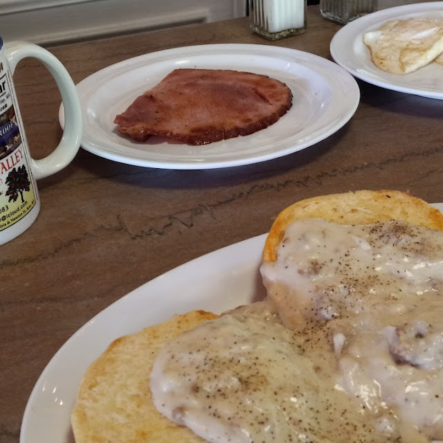 Biscuits and Gravy with Ham and Coffee