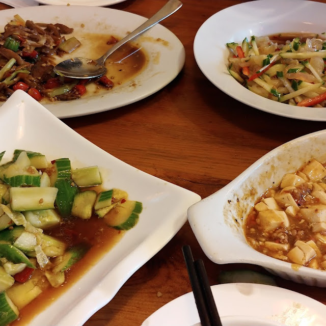 Cucumber Braised Spicy Tofu with Pork Mince Jelly Fish Salad and a Pork Dish I Don't Recall