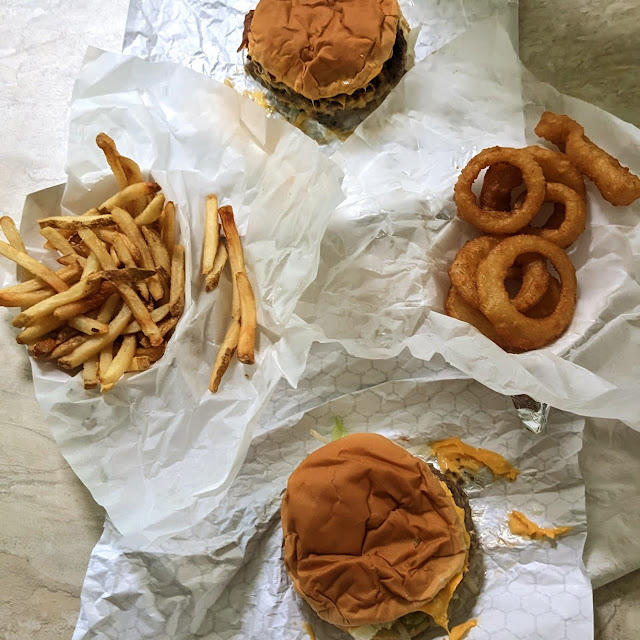 Burgers Fries and Onion Rings