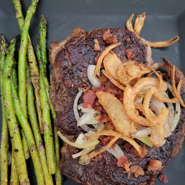 Steak with Cowboy Topping and Asparagus