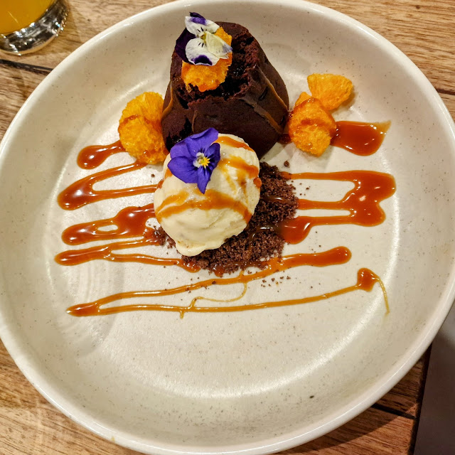 Chocolate Fondant with Salted Caramel Macademia Ice Cream and Dried Orange