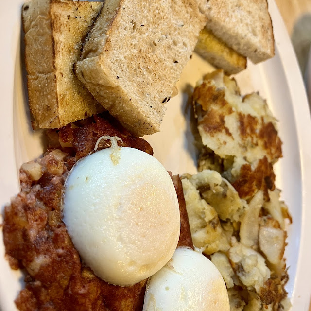 3 Poached Eggs Fresh Fruit Side Turkey Sausage