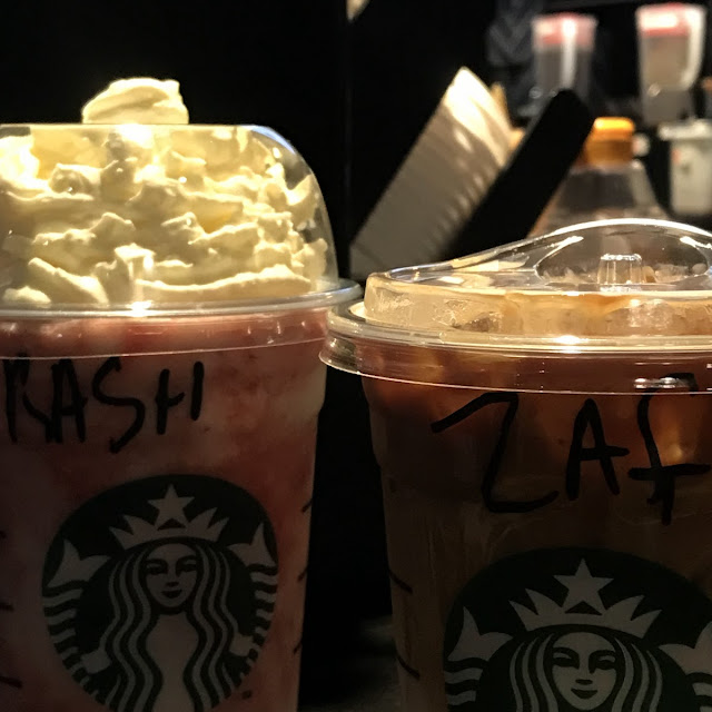 Strawberry and Cream Frappachino Left and a Iced Caremal Macchiato Right