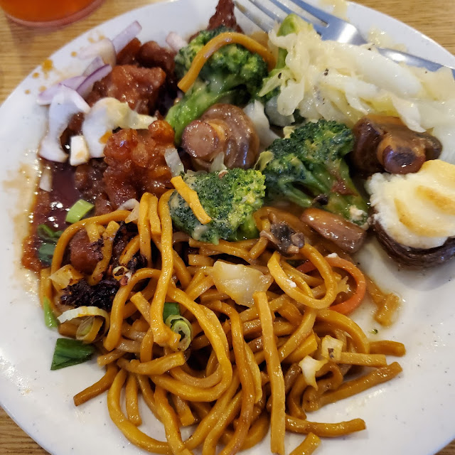 It's Self-Serve General TSO's Chicken Lo Mein Noodles Cheese Stuffed Mushrooms and Broccoli
