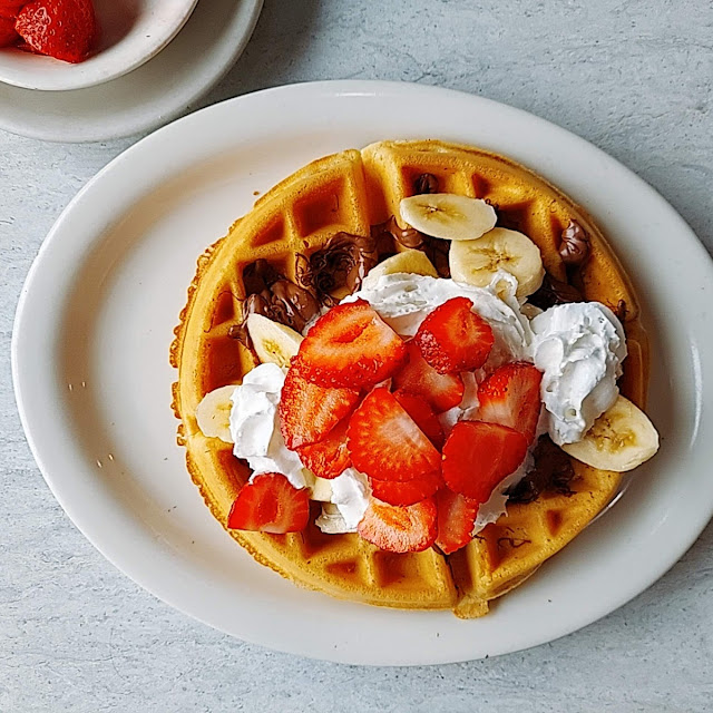 Belgian Waffle with Strawberries and Banana