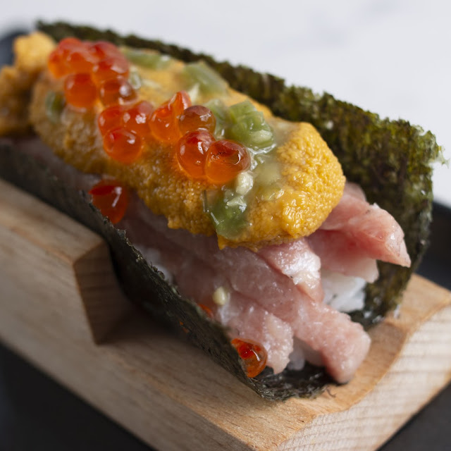 Salmon Belly with Uni Hand Roll