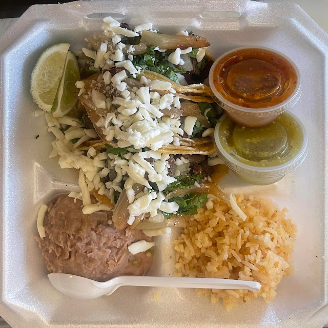 Three Tacos Rice and Beans