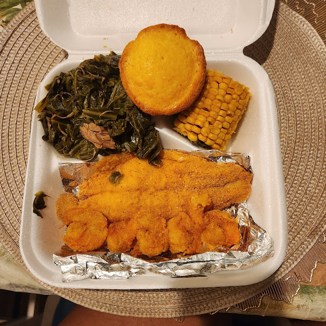 Fried Catfish Collard Greens Shrimp Corn and Cornbread Muffin Cake & Soda