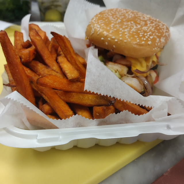 Classic Burger Shrimp w Combo Sweet Potatoes