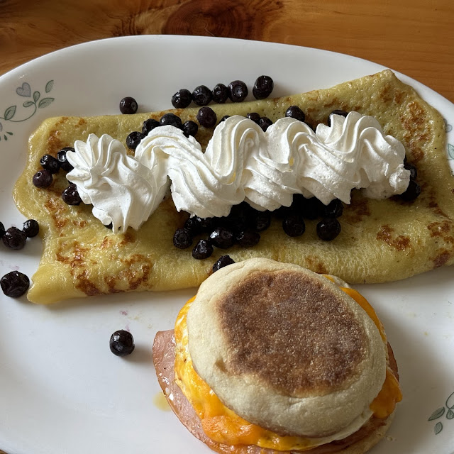 Swedish Pancake with Blueberries and a Big Bobo Breakfast Sandwich