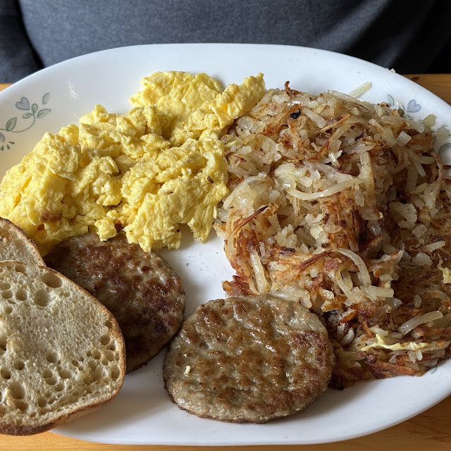 Sausage & Egg Scramble with Crispy Hash Browns & an English Muffin
